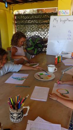 Painting, with the day's hypothesis on the board behind
